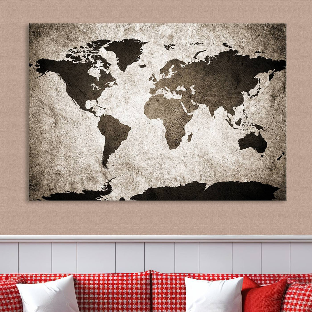 Large Wall Art Dark World Map on Light Background Canvas Print