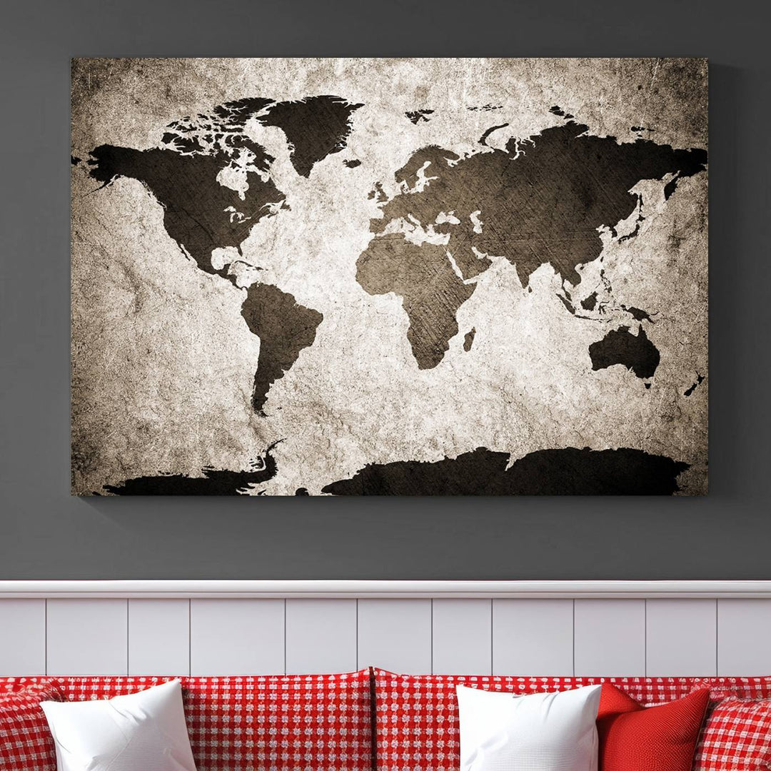 Large Wall Art Dark World Map on Light Background Canvas Print