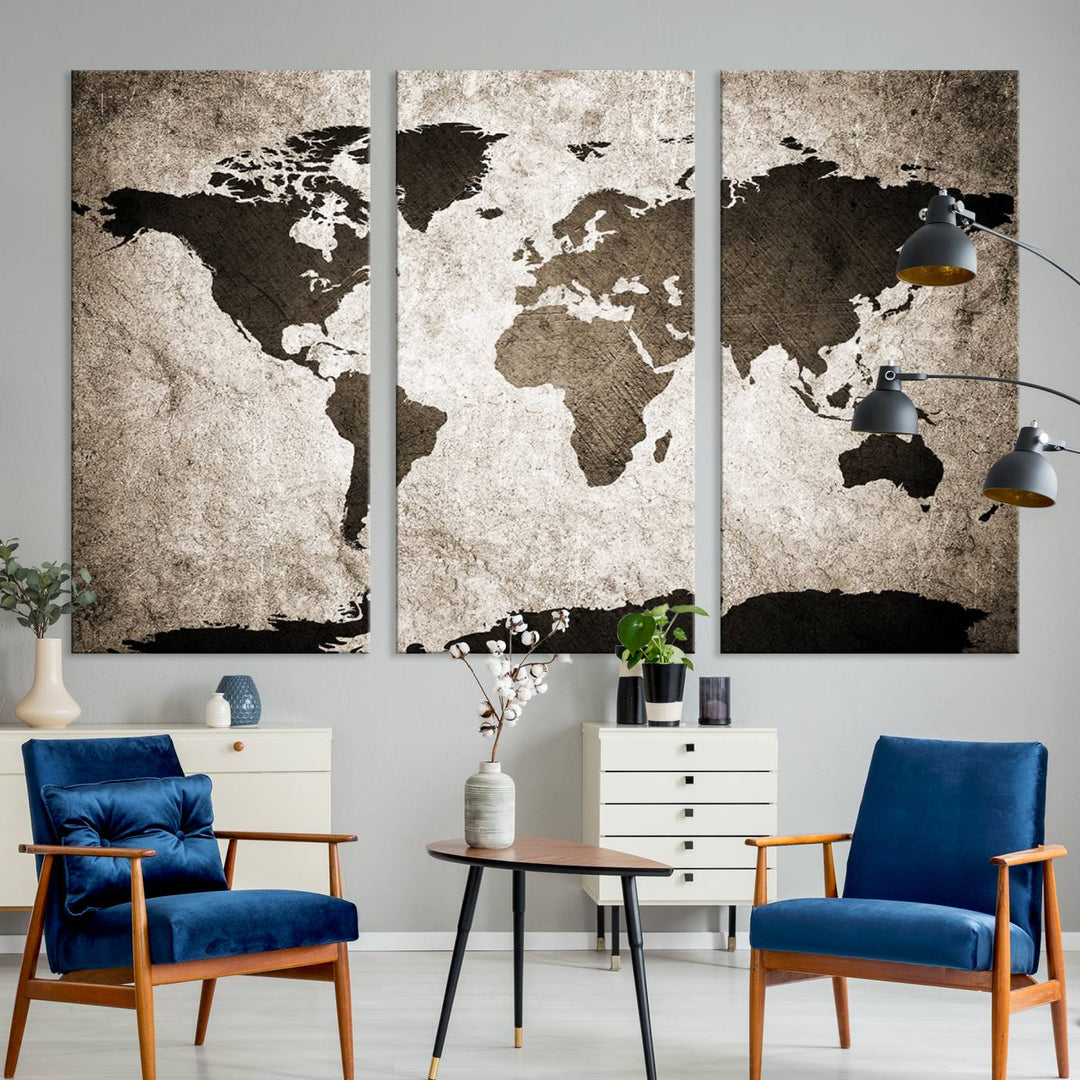 Large Wall Art Dark World Map on Light Background Canvas Print