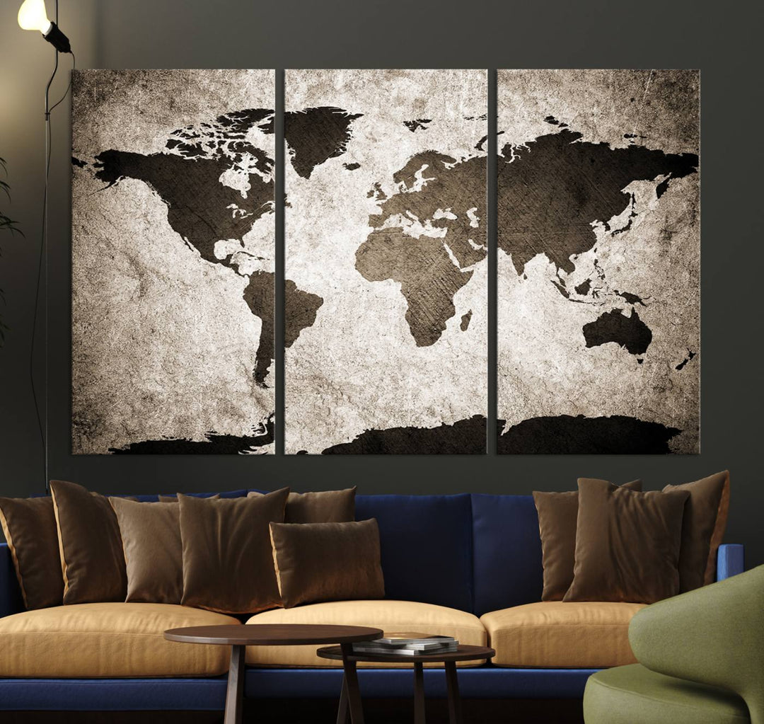 Large Wall Art Dark World Map on Light Background Canvas Print