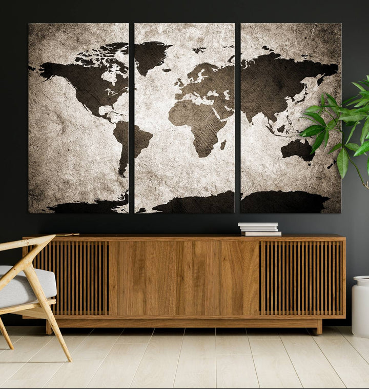 Large Wall Art Dark World Map on Light Background Canvas Print