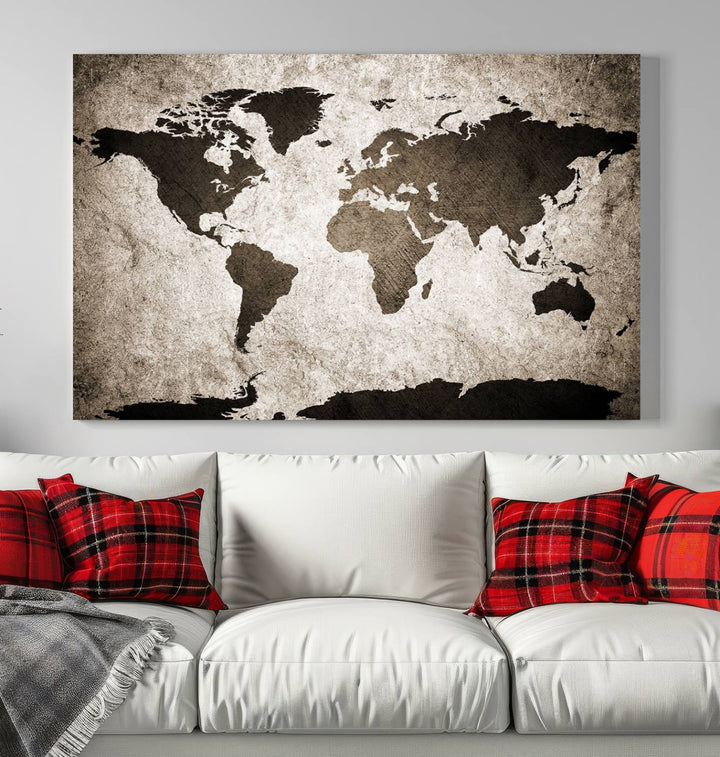 Large Wall Art Dark World Map on Light Background Canvas Print