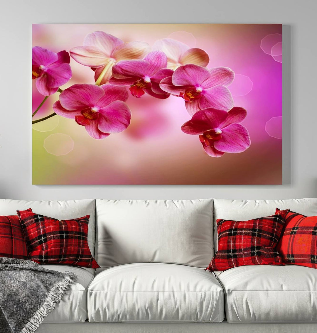 Large Wall Art Floral Canvas PrintPink Orchids on Pink Blurry Background