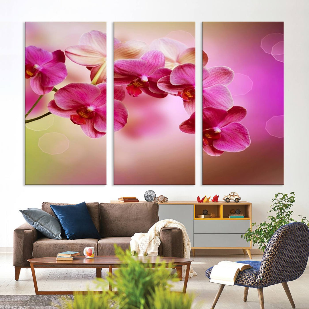 Large Wall Art Floral Canvas PrintPink Orchids on Pink Blurry Background