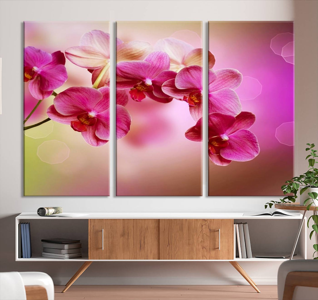 Large Wall Art Floral Canvas PrintPink Orchids on Pink Blurry Background