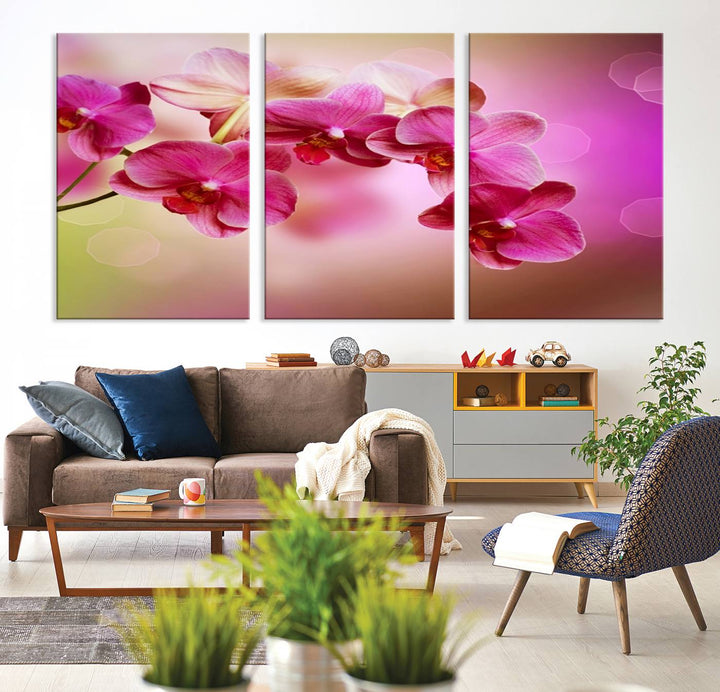 Large Wall Art Floral Canvas PrintPink Orchids on Pink Blurry Background