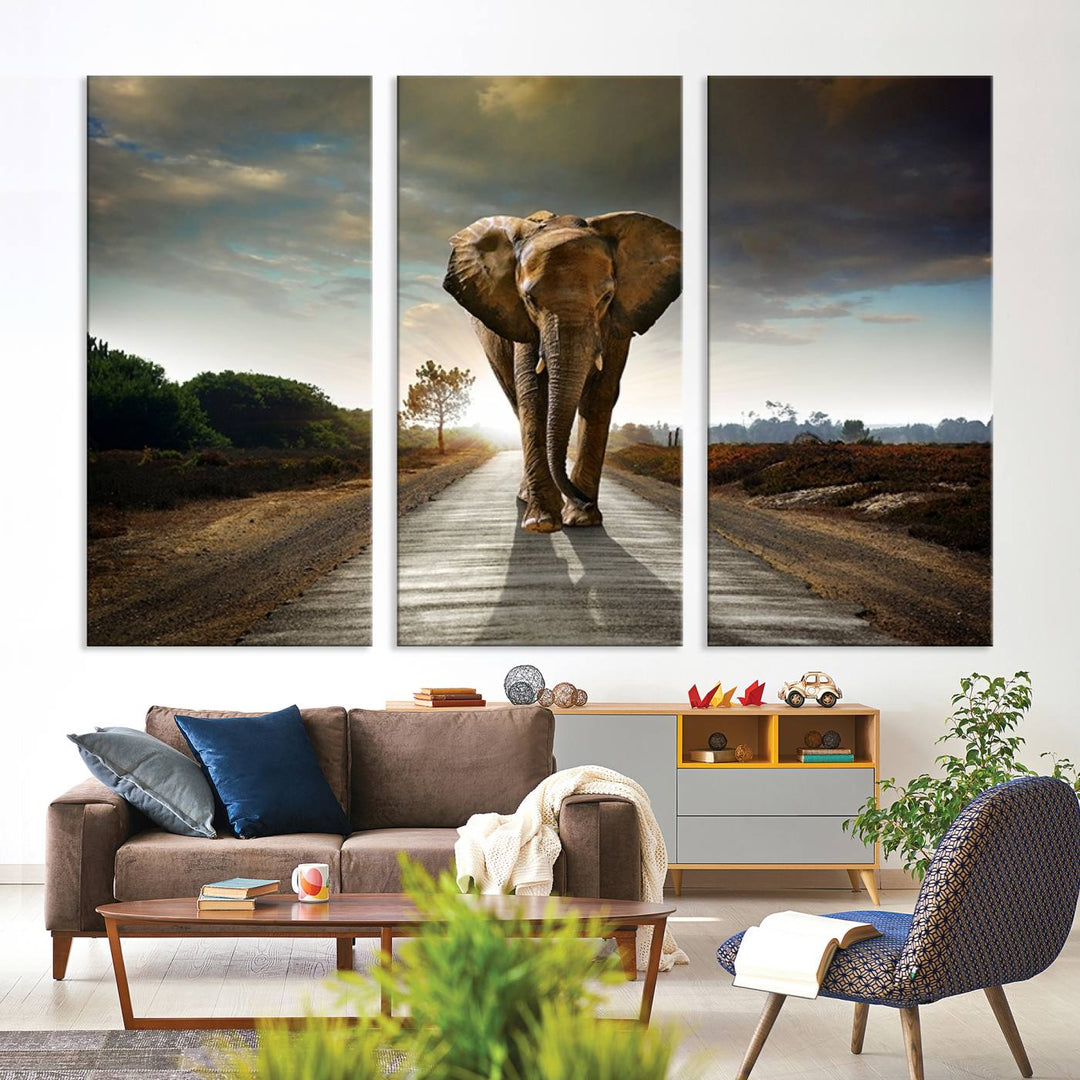 Large Wall Art Giant Elephant Walking on Road Canvas Print