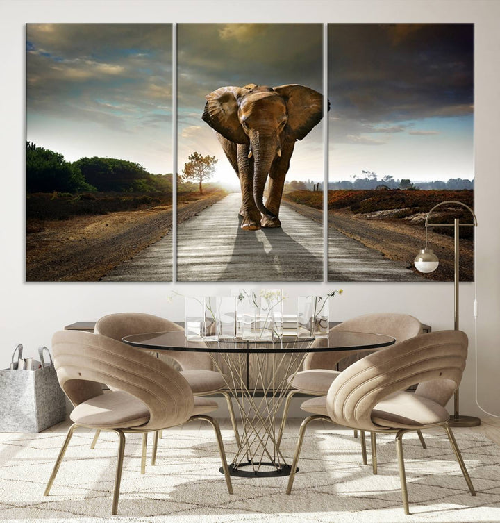 Large Wall Art Giant Elephant Walking on Road Canvas Print