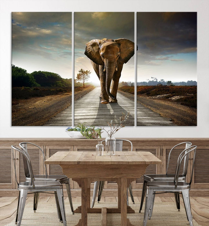 Large Wall Art Giant Elephant Walking on Road Canvas Print