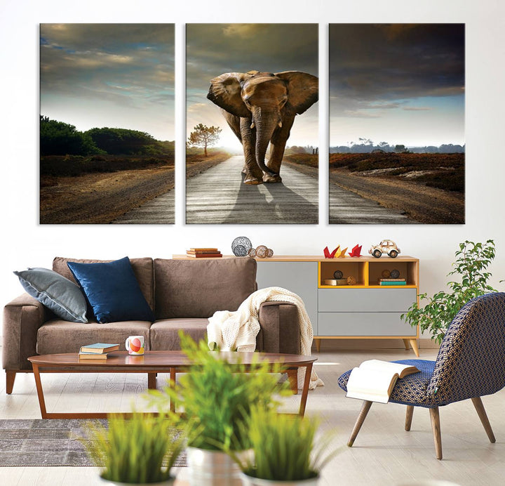 Large Wall Art Giant Elephant Walking on Road Canvas Print