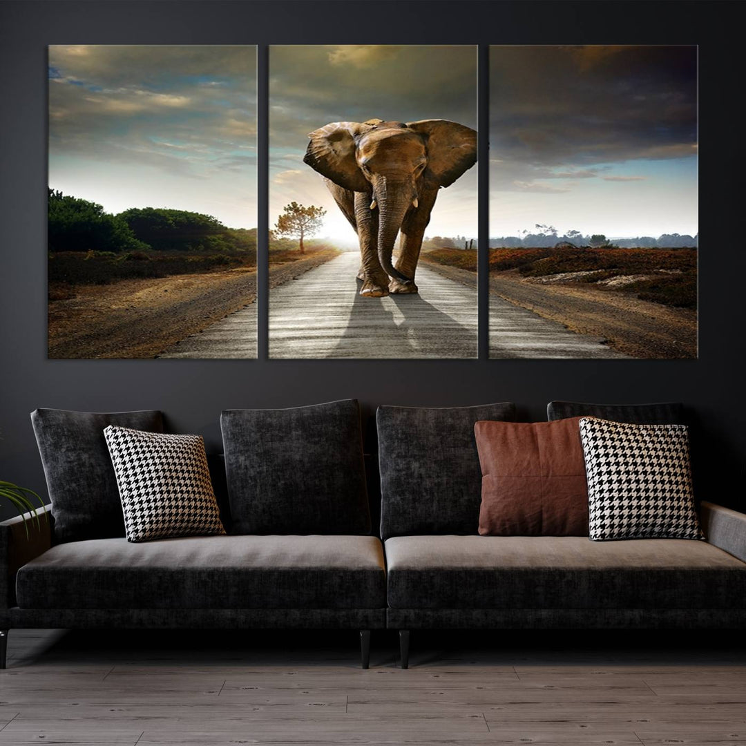 Large Wall Art Giant Elephant Walking on Road Canvas Print