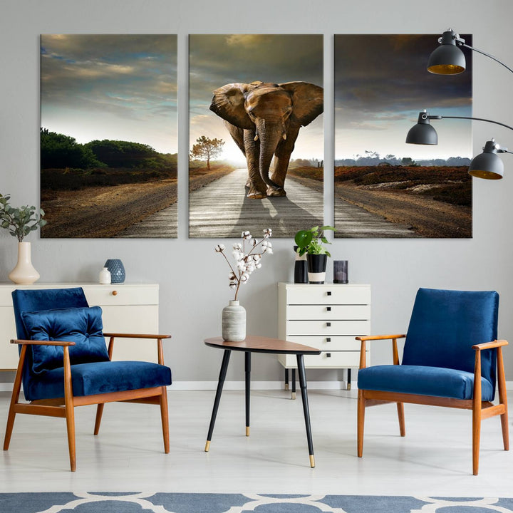 Large Wall Art Giant Elephant Walking on Road Canvas Print