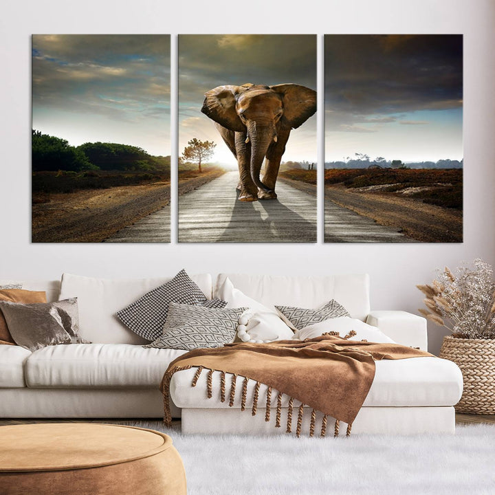 Large Wall Art Giant Elephant Walking on Road Canvas Print