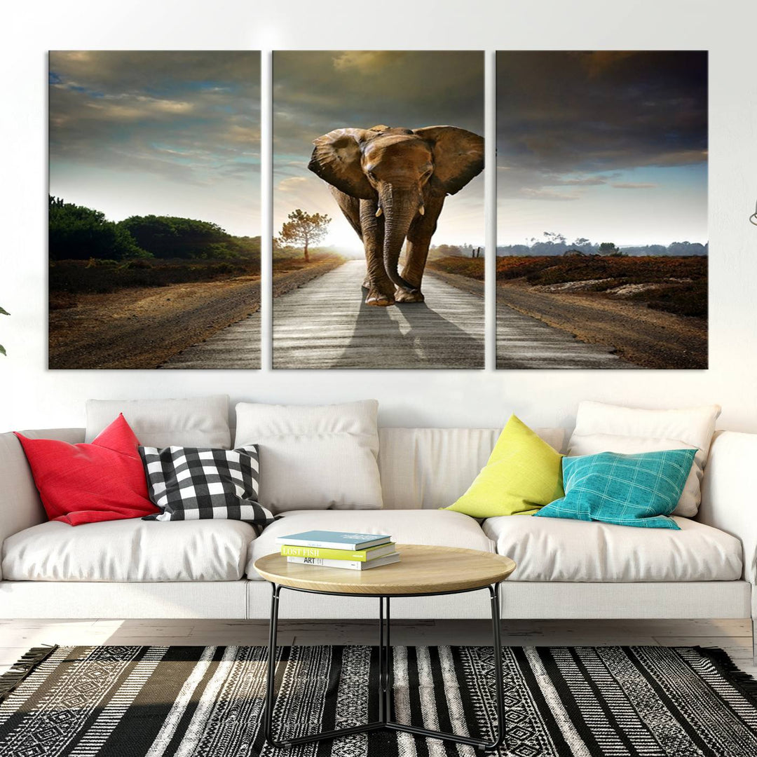 Large Wall Art Giant Elephant Walking on Road Canvas Print