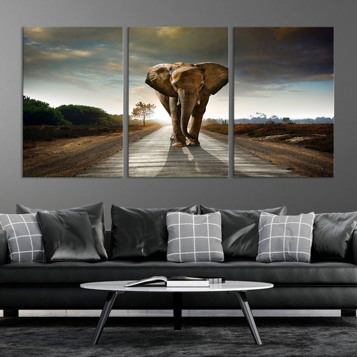 Large Wall Art Giant Elephant Walking on Road Canvas Print