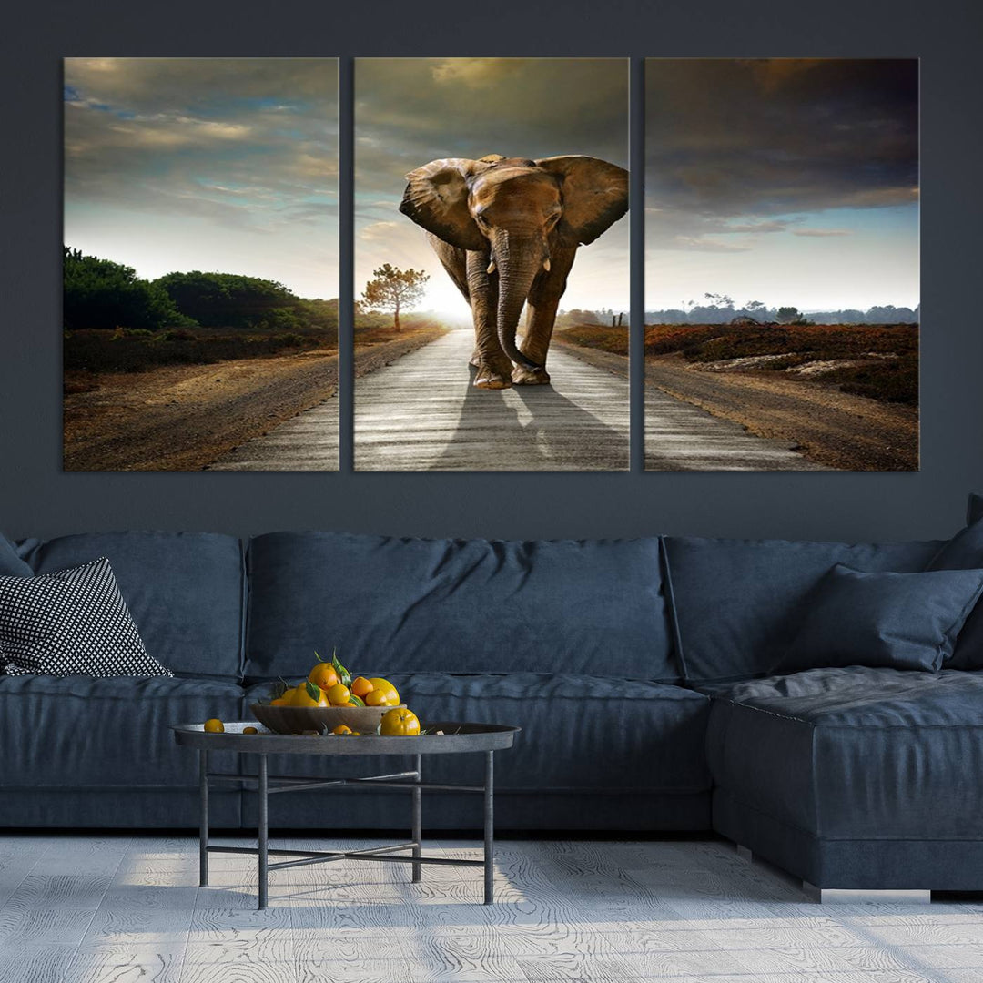 Large Wall Art Giant Elephant Walking on Road Canvas Print