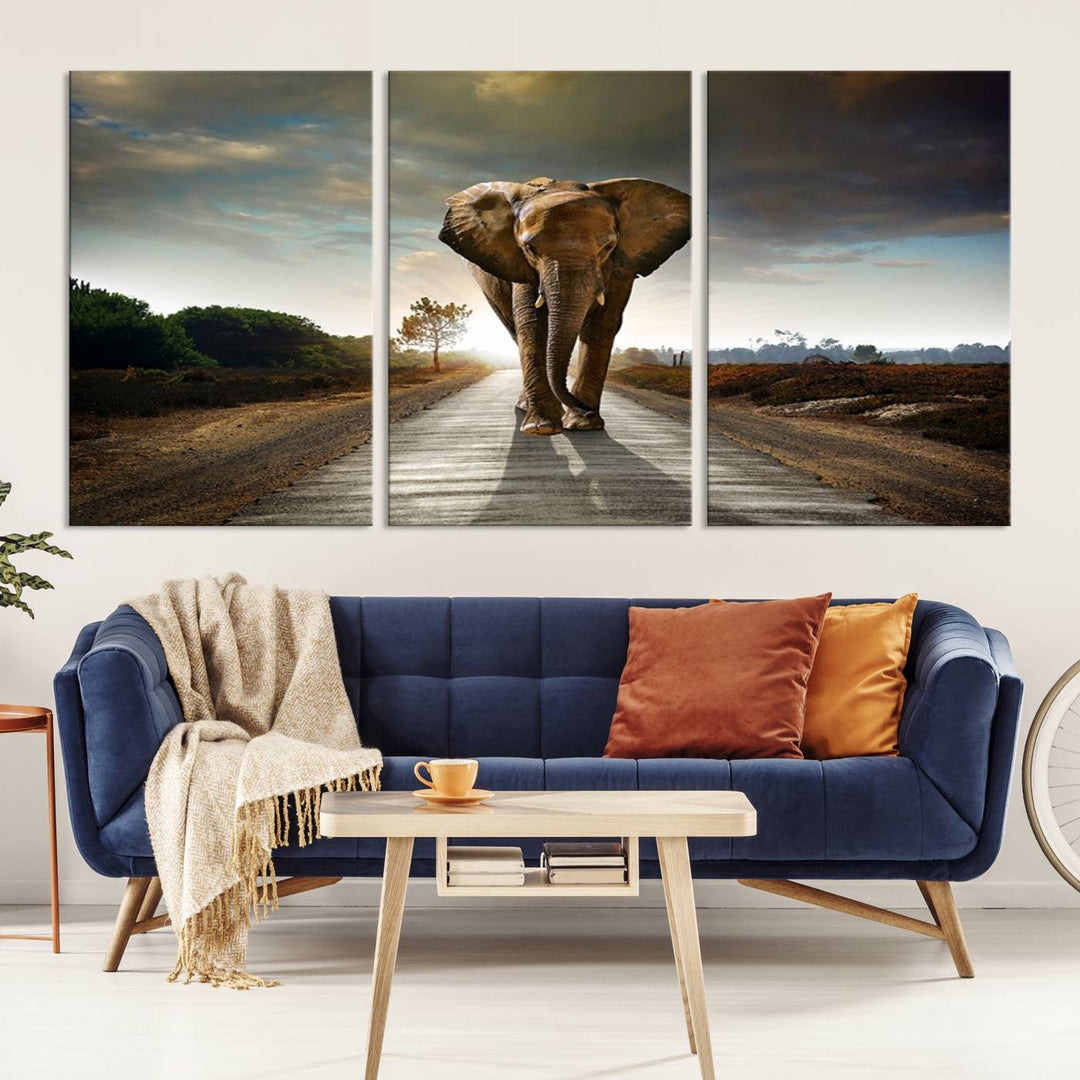 Large Wall Art Giant Elephant Walking on Road Canvas Print