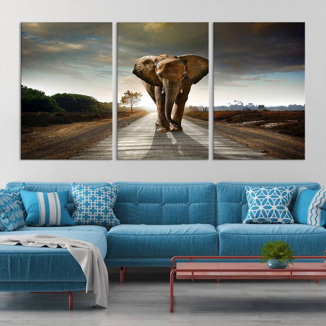 Large Wall Art Giant Elephant Walking on Road Canvas Print