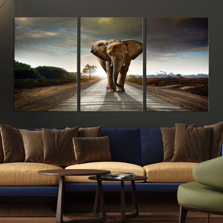 Large Wall Art Giant Elephant Walking on Road Canvas Print