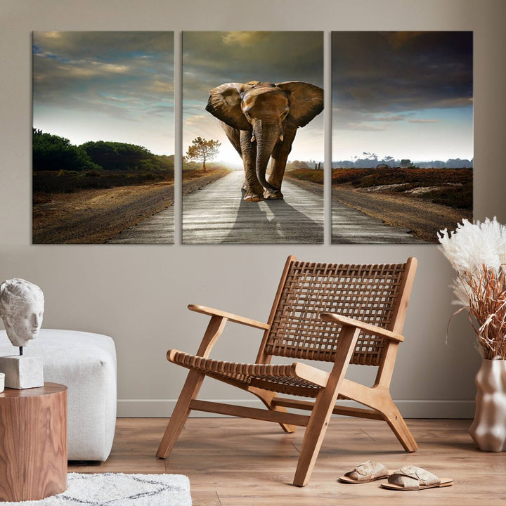 Large Wall Art Giant Elephant Walking on Road Canvas Print