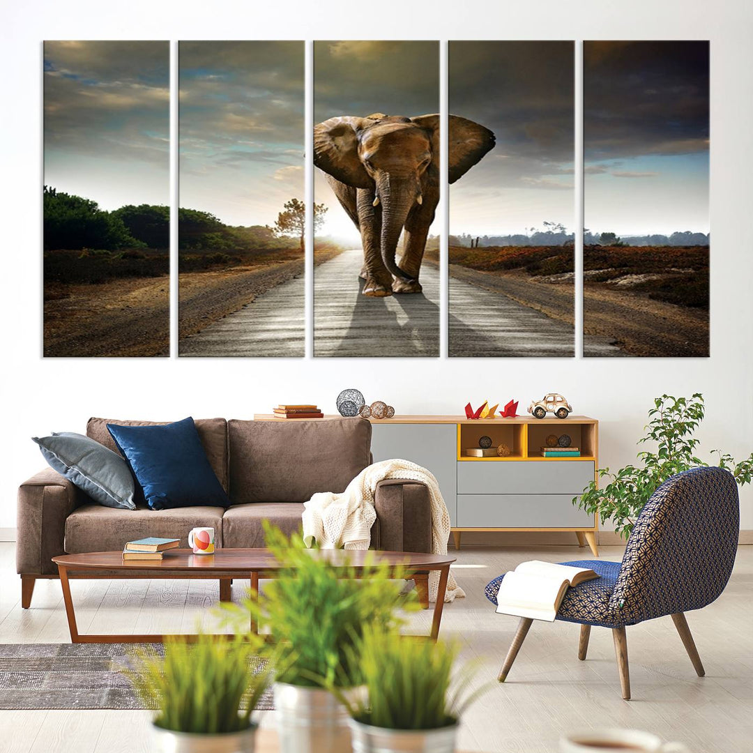 Large Wall Art Giant Elephant Walking on Road Canvas Print