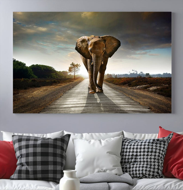 Large Wall Art Giant Elephant Walking on Road Canvas Print