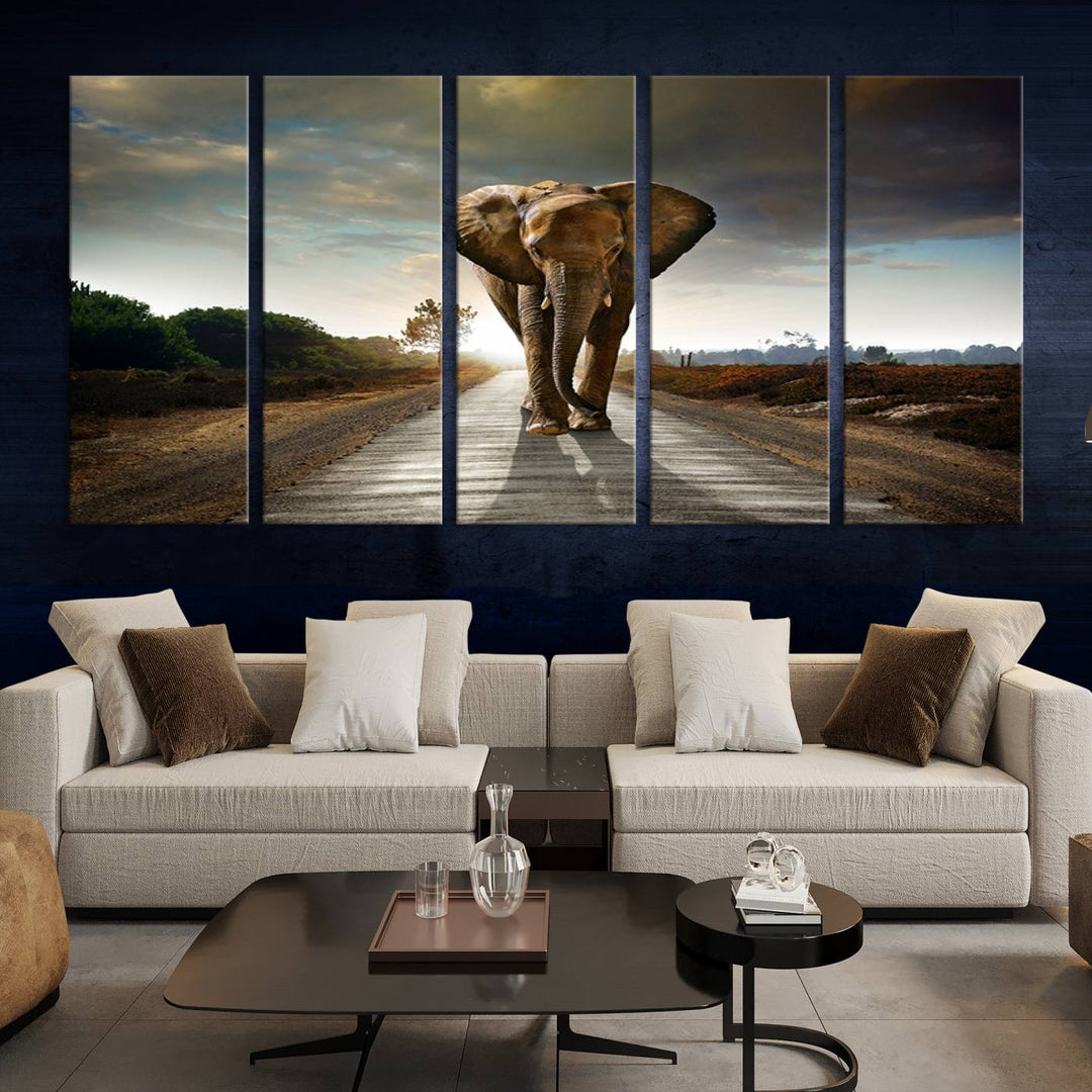 Large Wall Art Giant Elephant Walking on Road Canvas Print