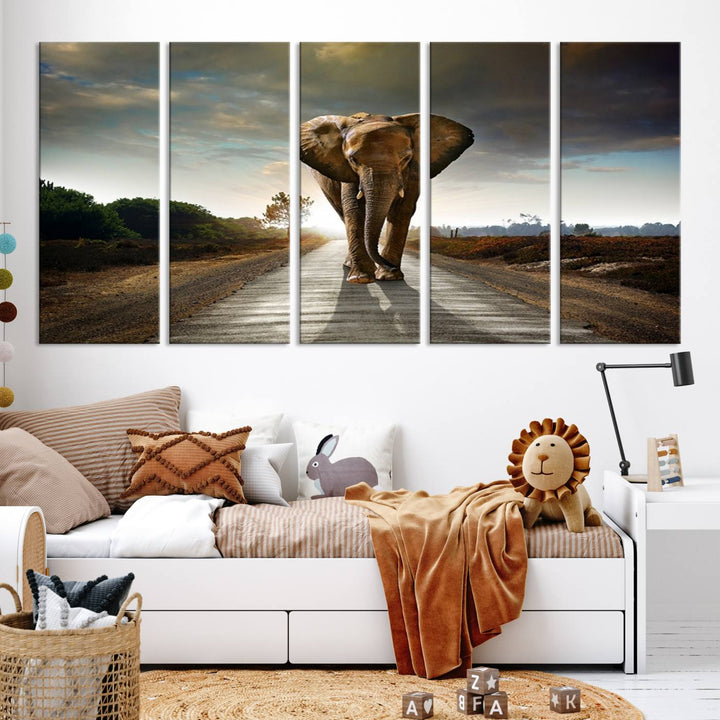 Large Wall Art Giant Elephant Walking on Road Canvas Print