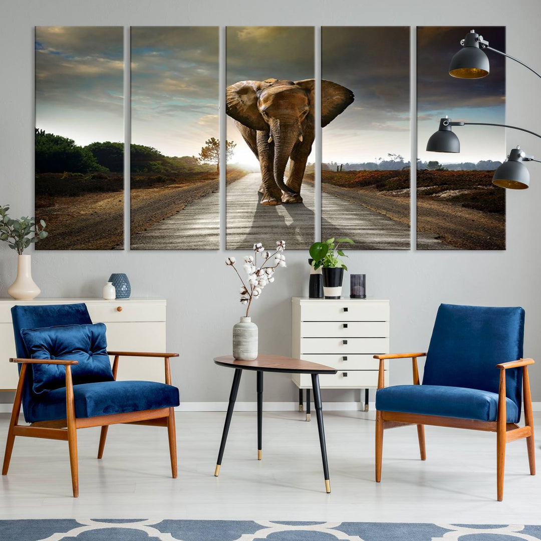 Large Wall Art Giant Elephant Walking on Road Canvas Print