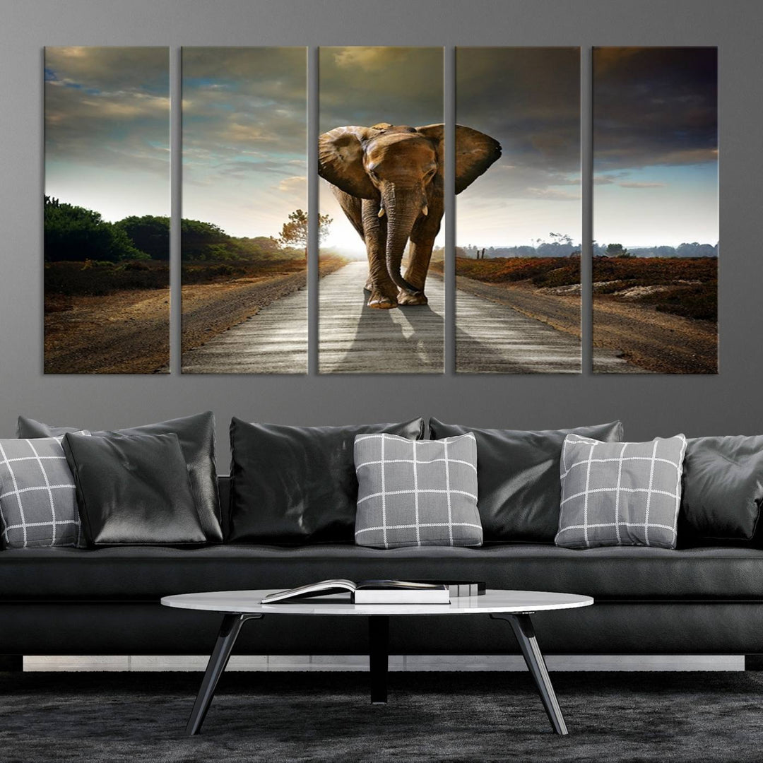 Large Wall Art Giant Elephant Walking on Road Canvas Print