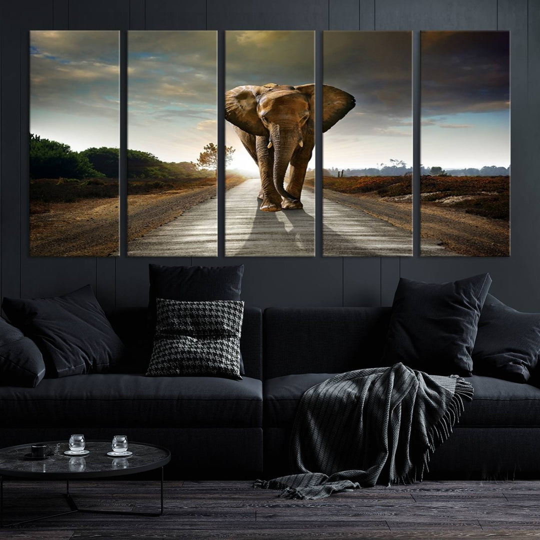 Large Wall Art Giant Elephant Walking on Road Canvas Print