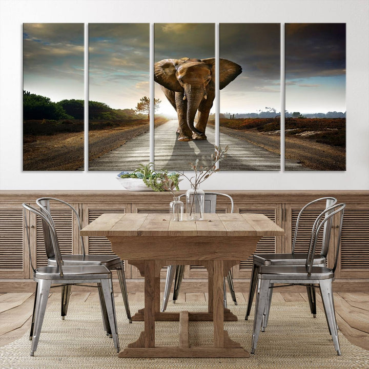 Large Wall Art Giant Elephant Walking on Road Canvas Print