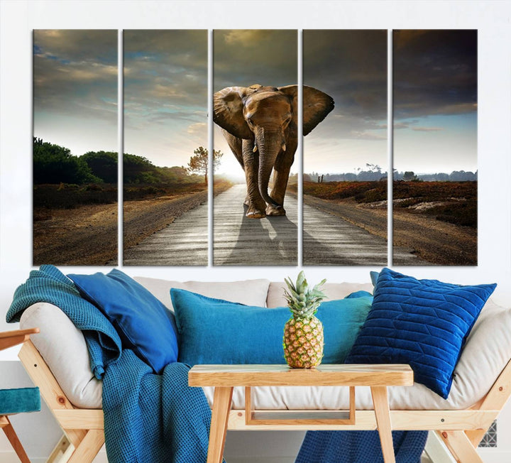 Large Wall Art Giant Elephant Walking on Road Canvas Print