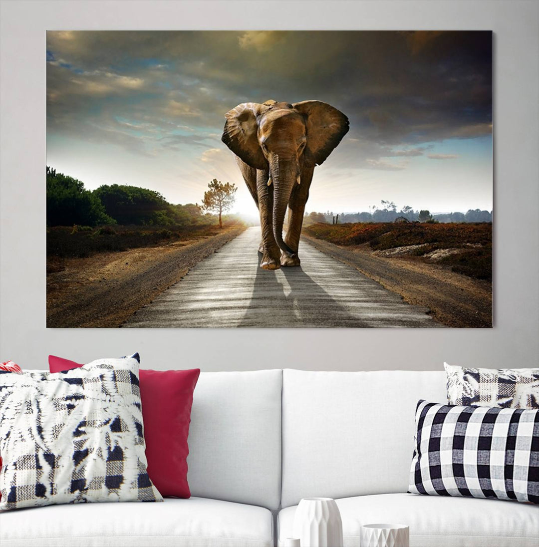 Large Wall Art Giant Elephant Walking on Road Canvas Print