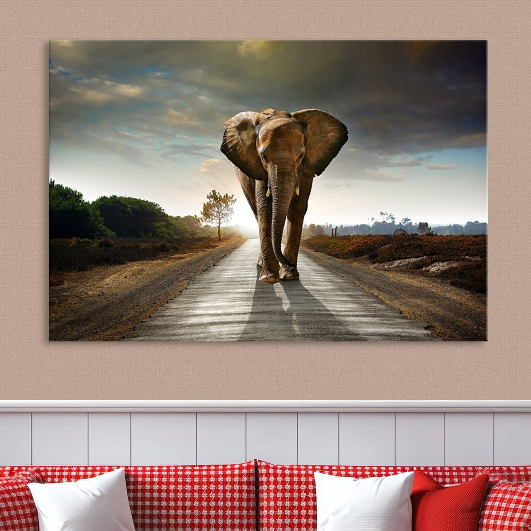 Large Wall Art Giant Elephant Walking on Road Canvas Print