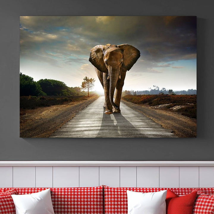 Large Wall Art Giant Elephant Walking on Road Canvas Print