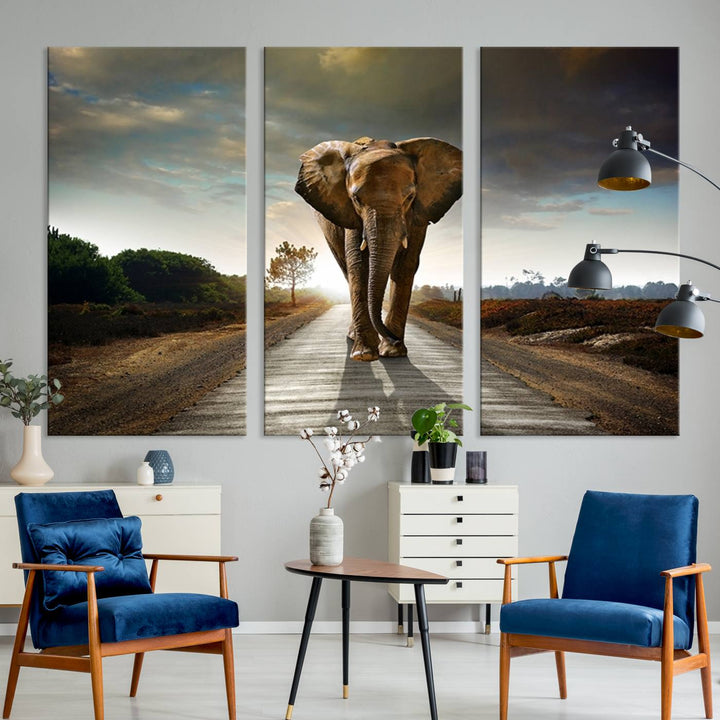 Large Wall Art Giant Elephant Walking on Road Canvas Print