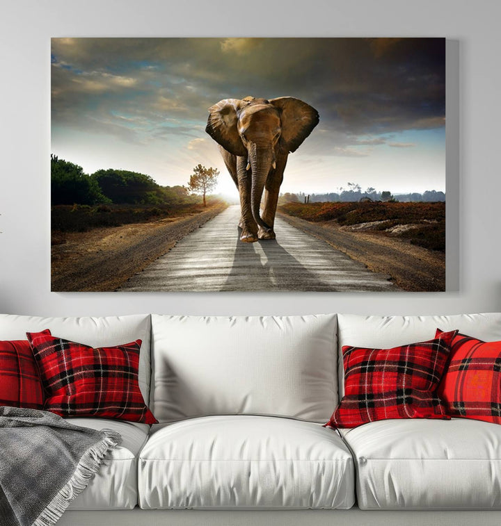 Large Wall Art Giant Elephant Walking on Road Canvas Print