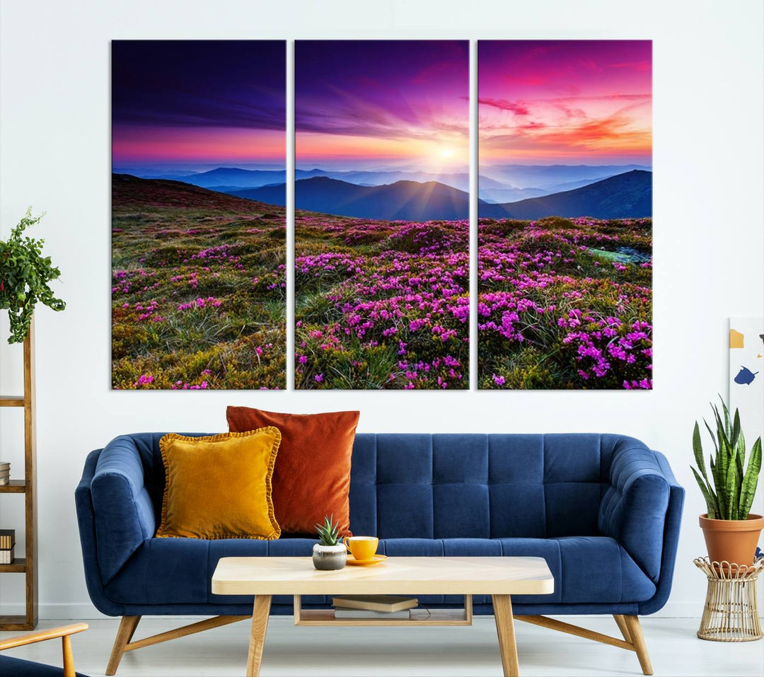 Large Wall Art Landscape Canvas PrintPurple Flowers and Mountains Behind at Sunset