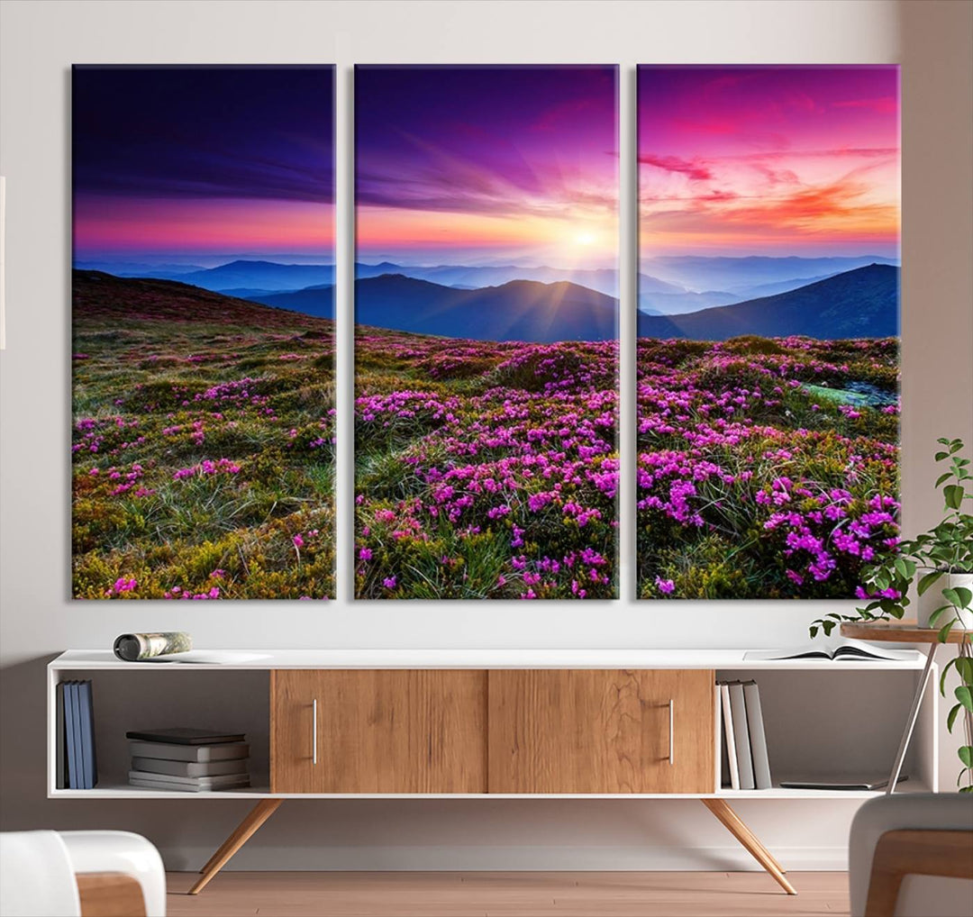 Large Wall Art Landscape Canvas PrintPurple Flowers and Mountains Behind at Sunset