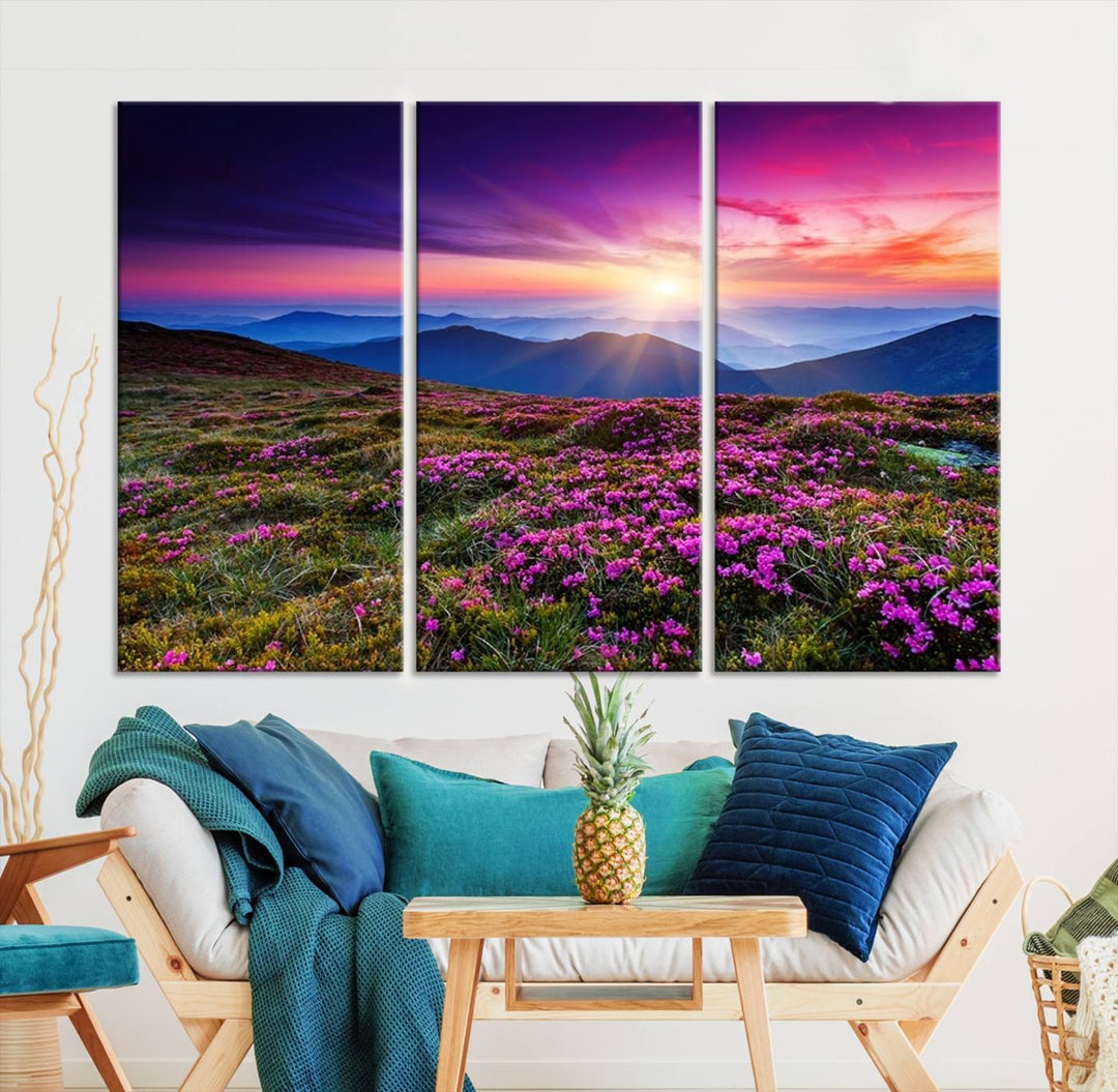 Large Wall Art Landscape Canvas PrintPurple Flowers and Mountains Behind at Sunset