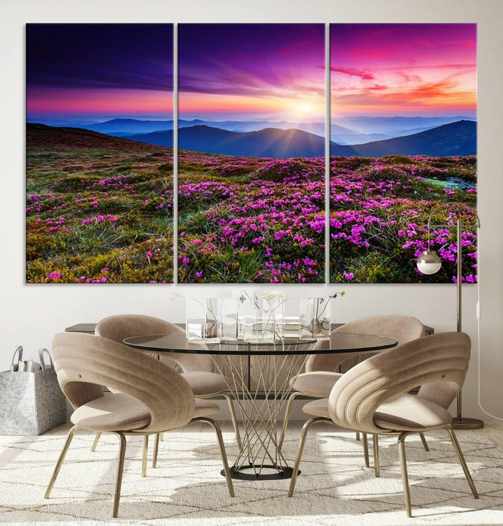 Large Wall Art Landscape Canvas PrintPurple Flowers and Mountains Behind at Sunset