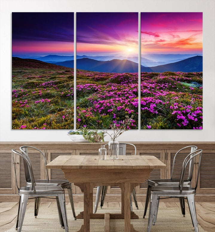 Large Wall Art Landscape Canvas PrintPurple Flowers and Mountains Behind at Sunset