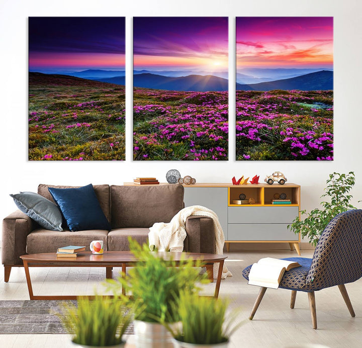 Large Wall Art Landscape Canvas PrintPurple Flowers and Mountains Behind at Sunset