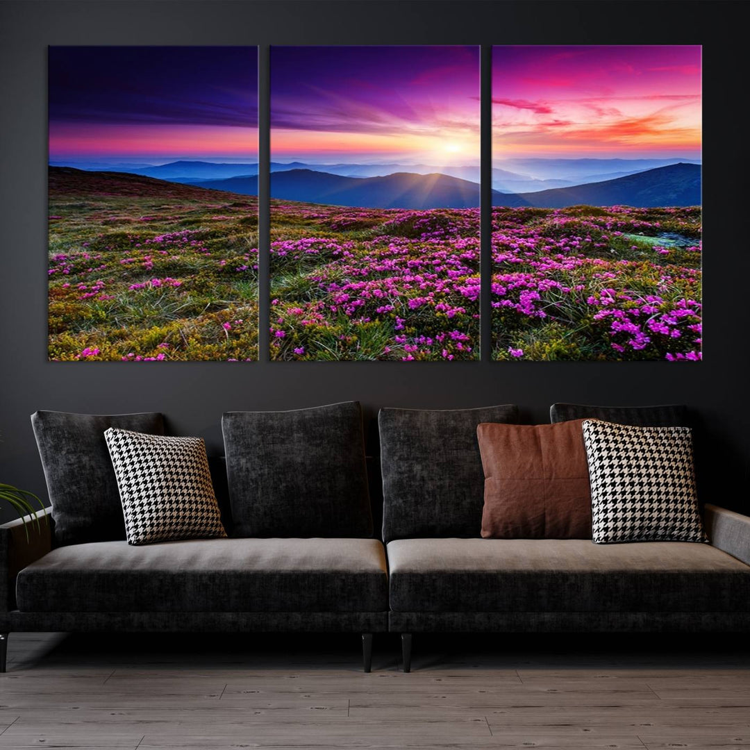 Large Wall Art Landscape Canvas PrintPurple Flowers and Mountains Behind at Sunset