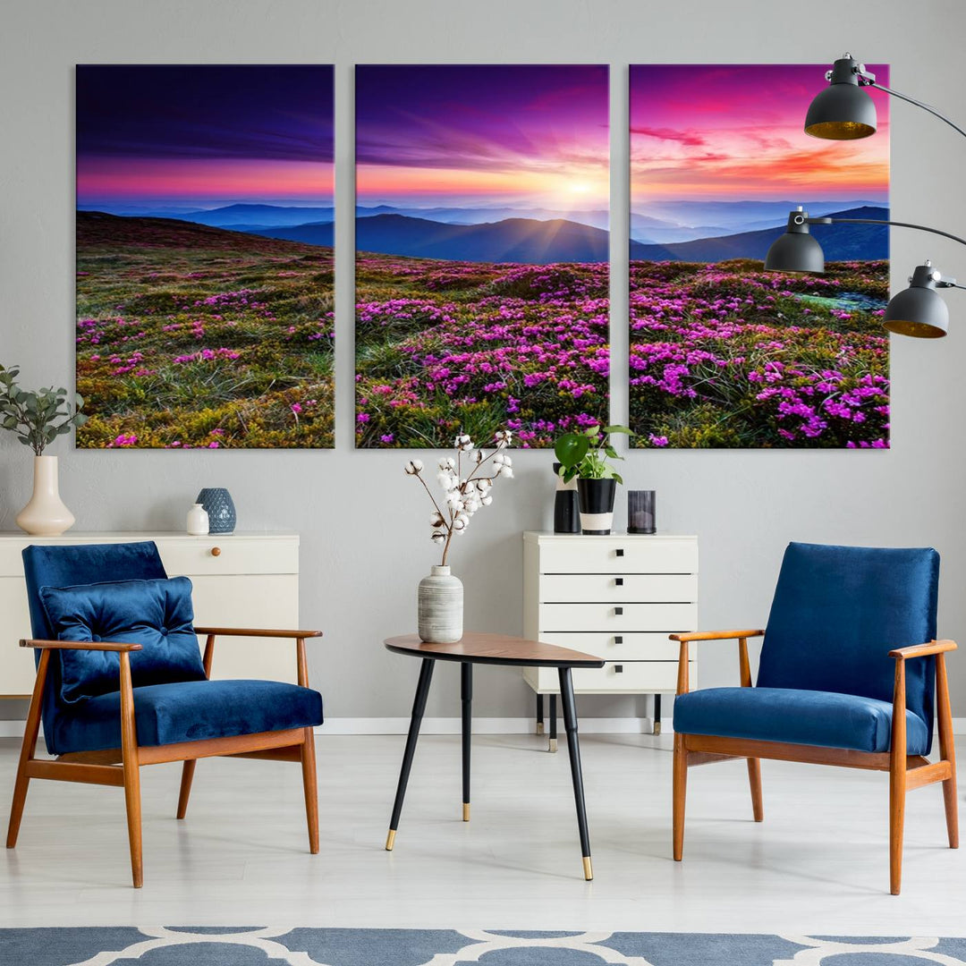 Large Wall Art Landscape Canvas PrintPurple Flowers and Mountains Behind at Sunset