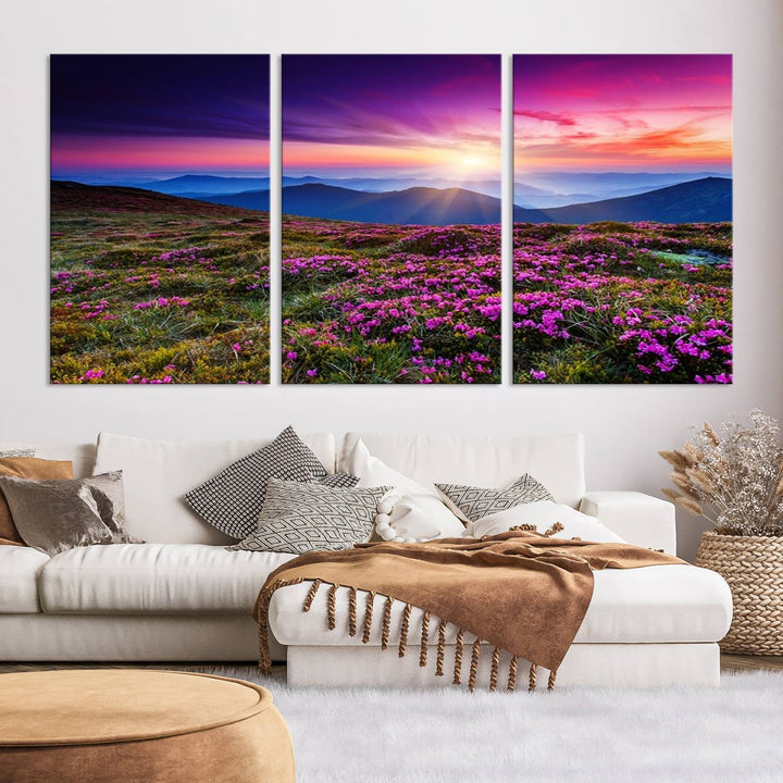 Large Wall Art Landscape Canvas PrintPurple Flowers and Mountains Behind at Sunset