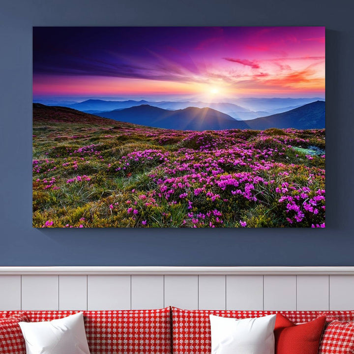 Large Wall Art Landscape Canvas PrintPurple Flowers and Mountains Behind at Sunset