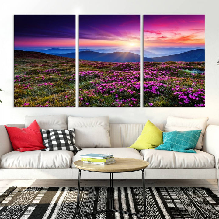 Large Wall Art Landscape Canvas PrintPurple Flowers and Mountains Behind at Sunset