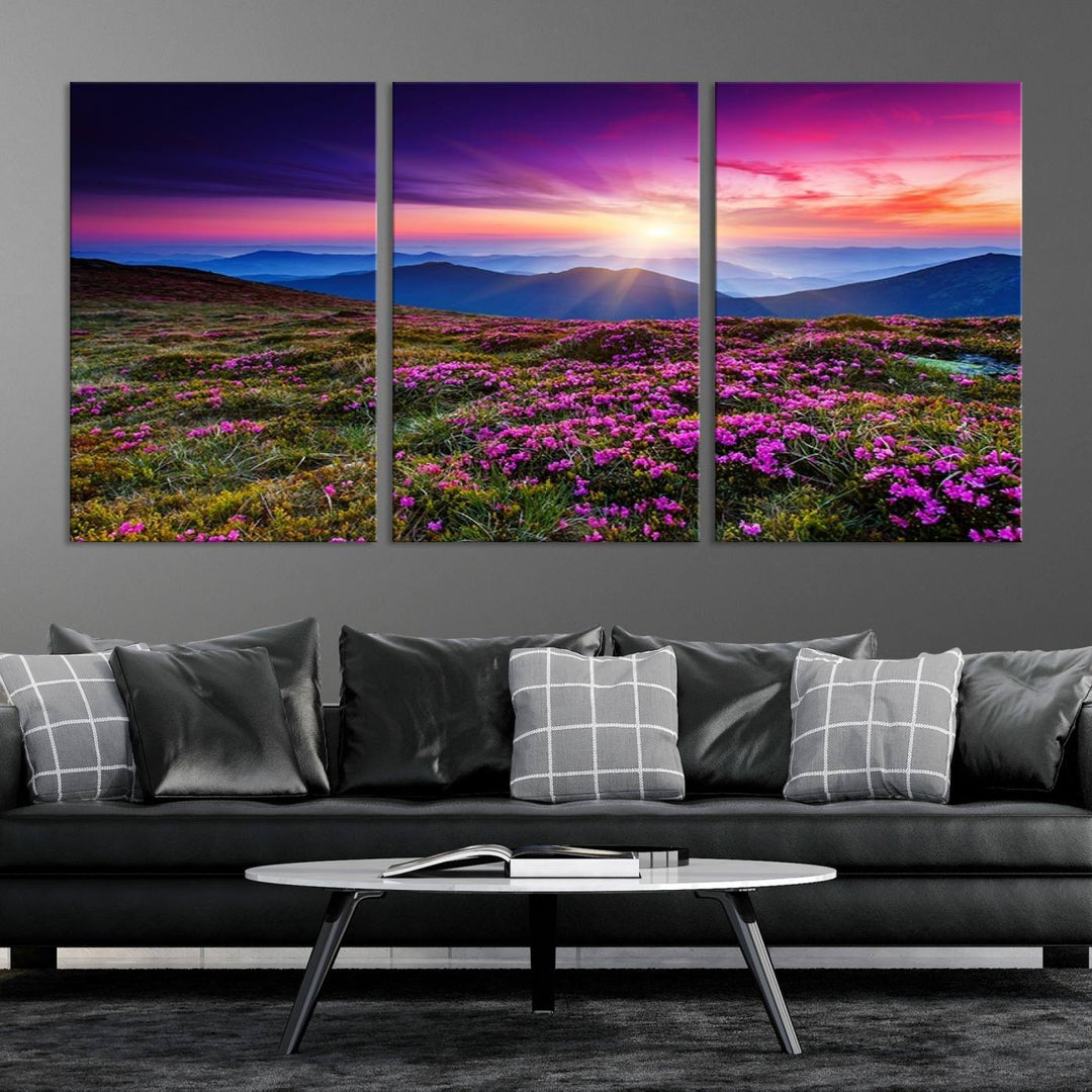 Large Wall Art Landscape Canvas PrintPurple Flowers and Mountains Behind at Sunset